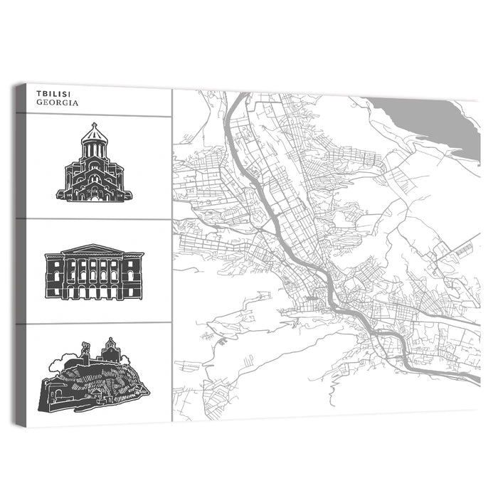 Tbilisi Map with Architectural Sidebar Wall Art as a canvas print