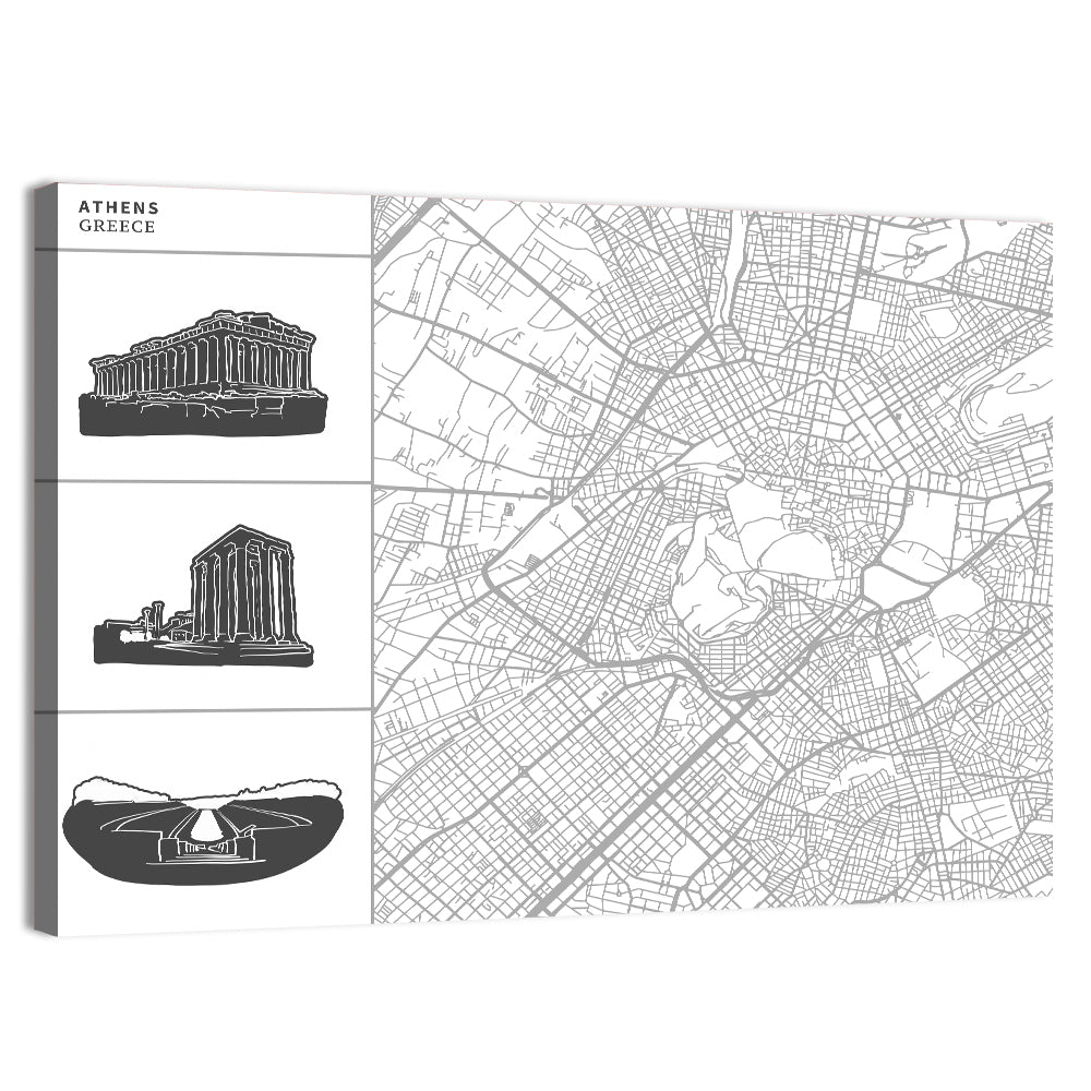 Athens Map with Parthenon Icons Wall Art, canvas print, landscape