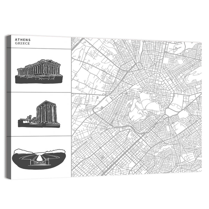 Athens Map with Parthenon Icons Wall Art as a canvas print