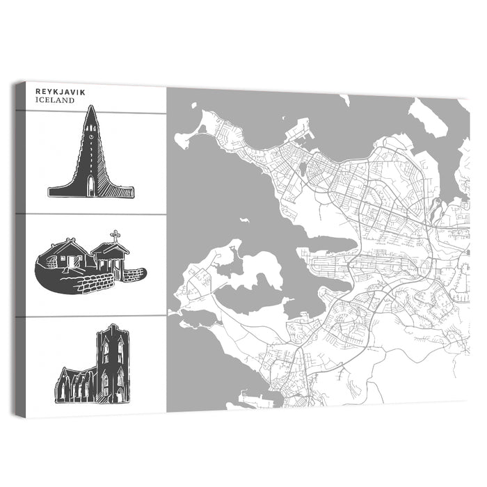 Reykjavik Map with Hallgrimskirkja Wall Art as a canvas print