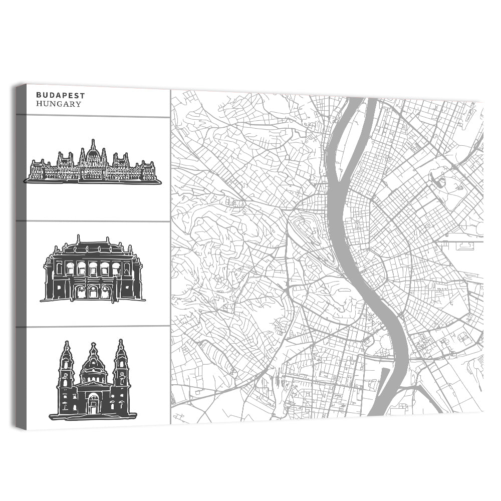 Budapest Map with Landmark Silhouettes Wall Art, canvas print, landscape