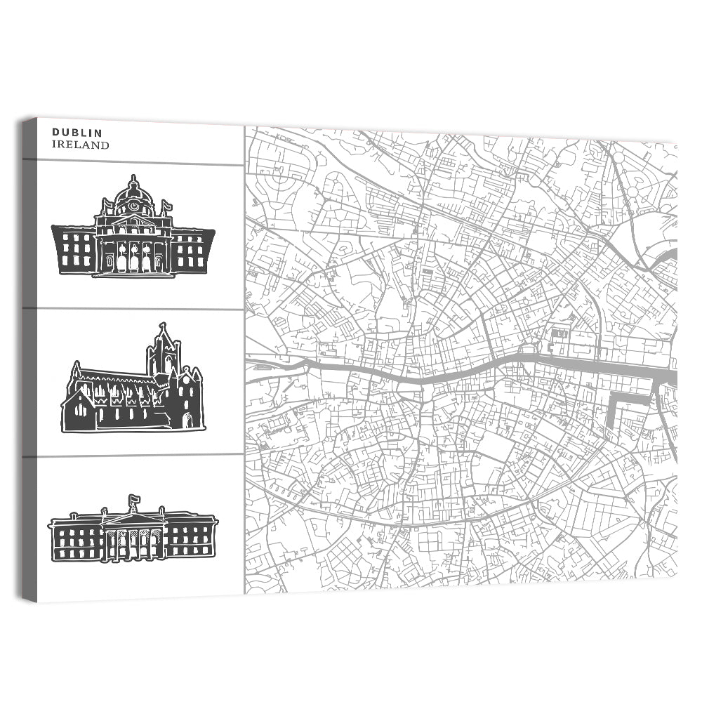 Dublin Map with Architectural Silhouettes Wall Art, canvas print, landscape