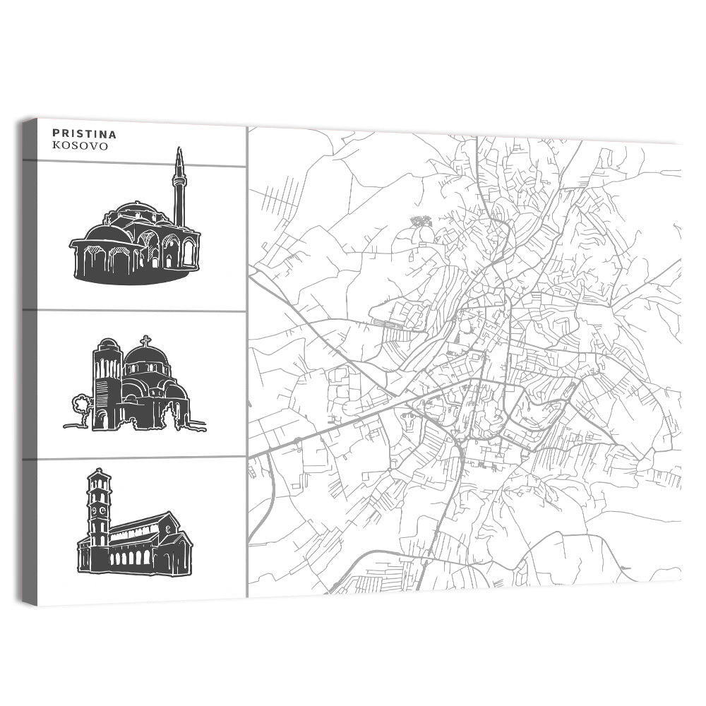 Pristina City Map Illustration Wall Art, canvas print, landscape