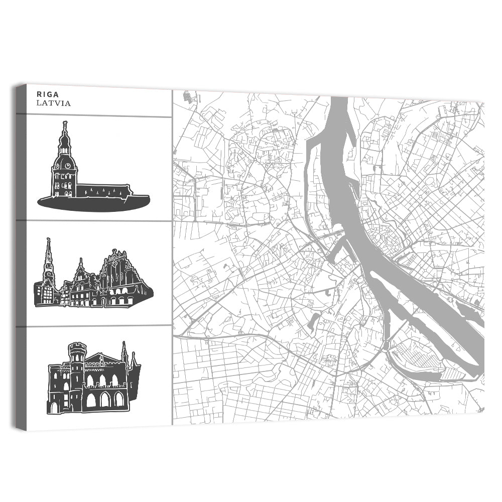 Riga Map with Cathedral Silhouettes Wall Art, canvas print, landscape