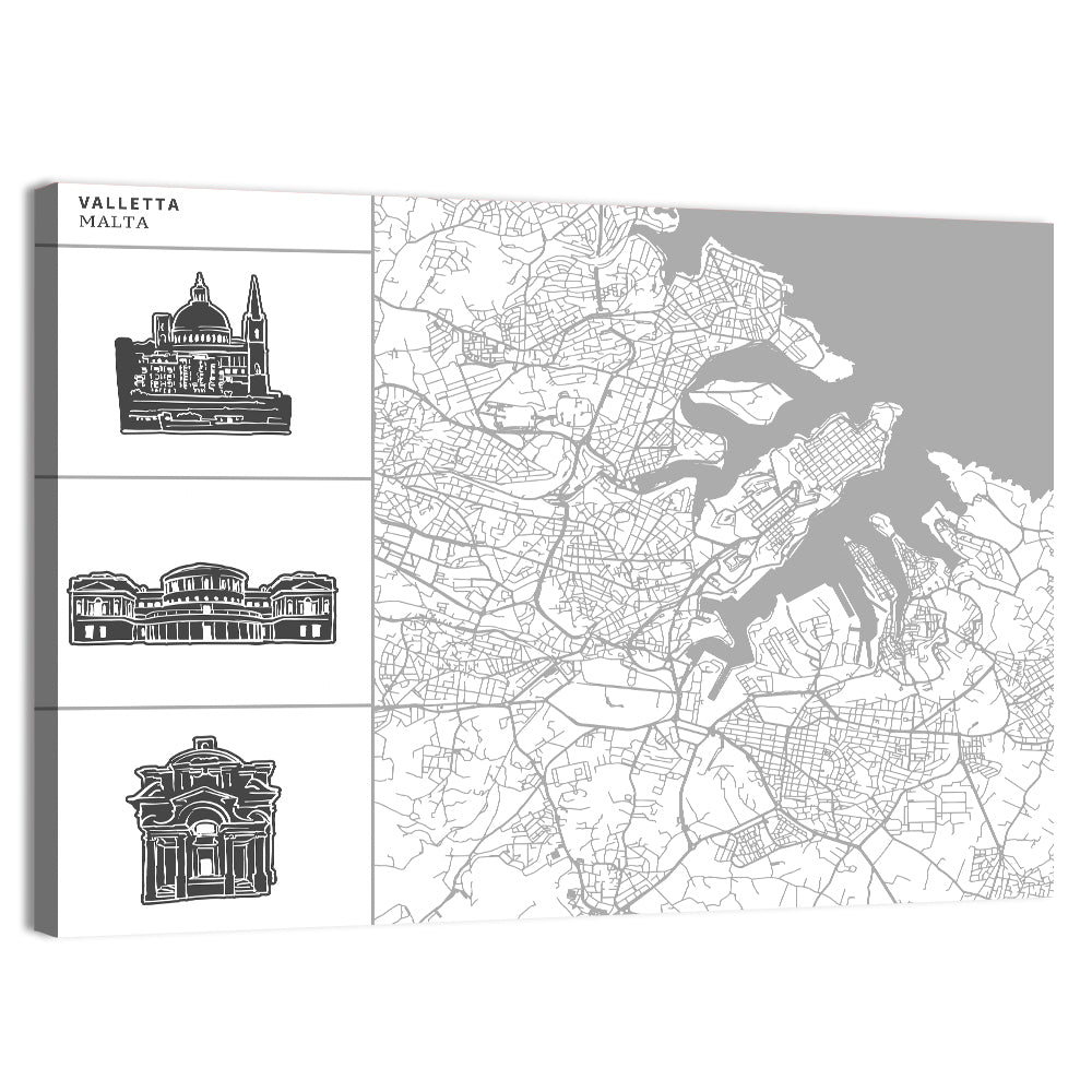 Valletta Street Map with Landmarks Wall Art