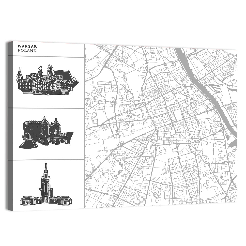 Warsaw Map with Skyline Silhouettes Wall Art, canvas print, landscape