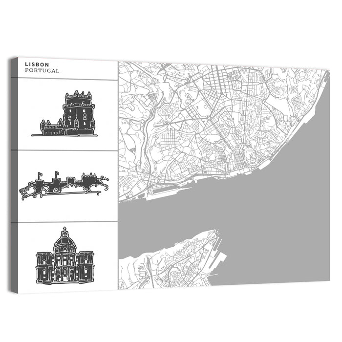 Lisbon Map with Architectural Icons Wall Art as a canvas print