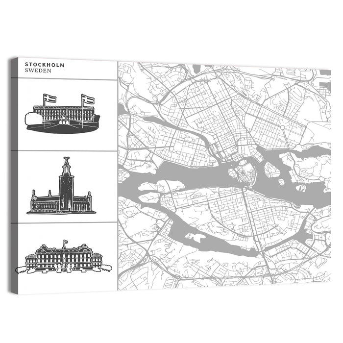 Stockholm Map with Architectural Illustrations Wall Art as a canvas print