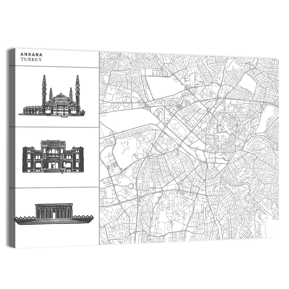 Ankara Map with Anıtkabir Silhouette Wall Art, canvas print, landscape