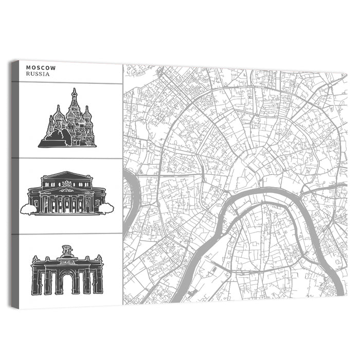 Moscow Map with Landmark Silhouettes Wall Art as a canvas print