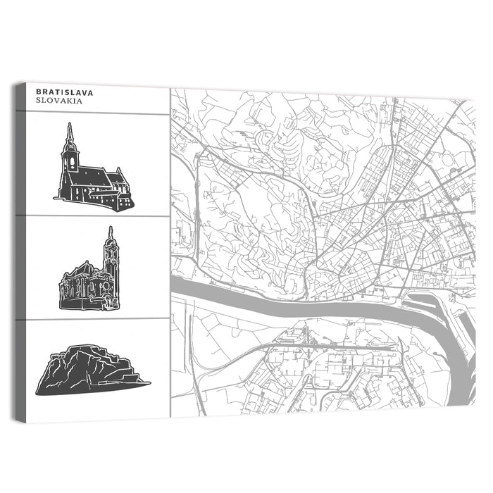 Bratislava Map with Castle and Cathedral Silhouettes Wall Art as a canvas print