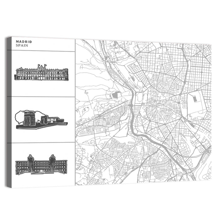 Madrid Map with Architectural Sidebar Wall Art as a canvas print