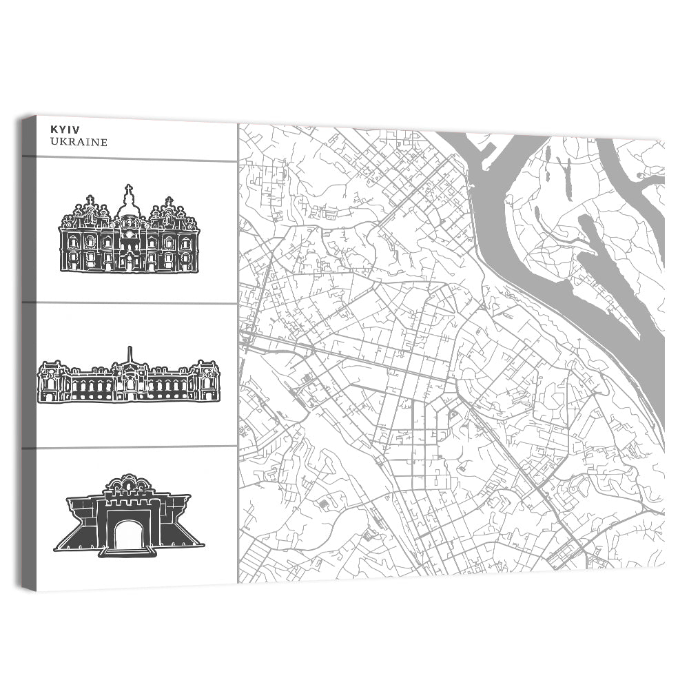 Kyiv Map with Cathedral Silhouettes Wall Art, canvas print, landscape