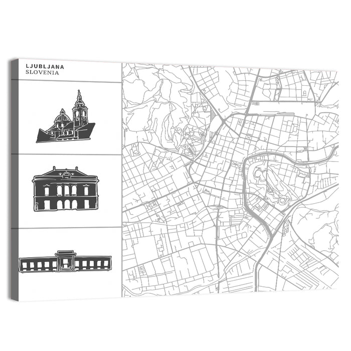 Ljubljana Map with Cathedral Silhouettes Wall Art as a canvas print
