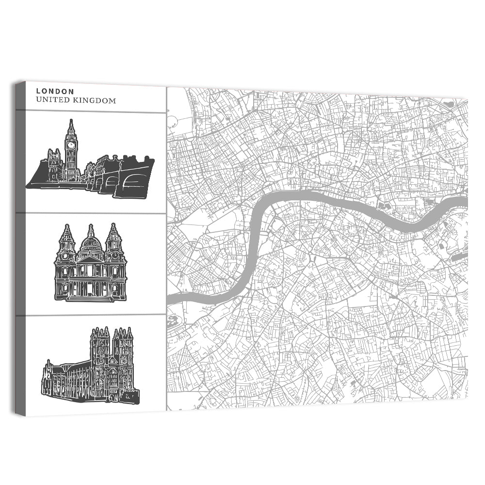 London Map with Landmark Silhouettes Wall Art, canvas print, landscape