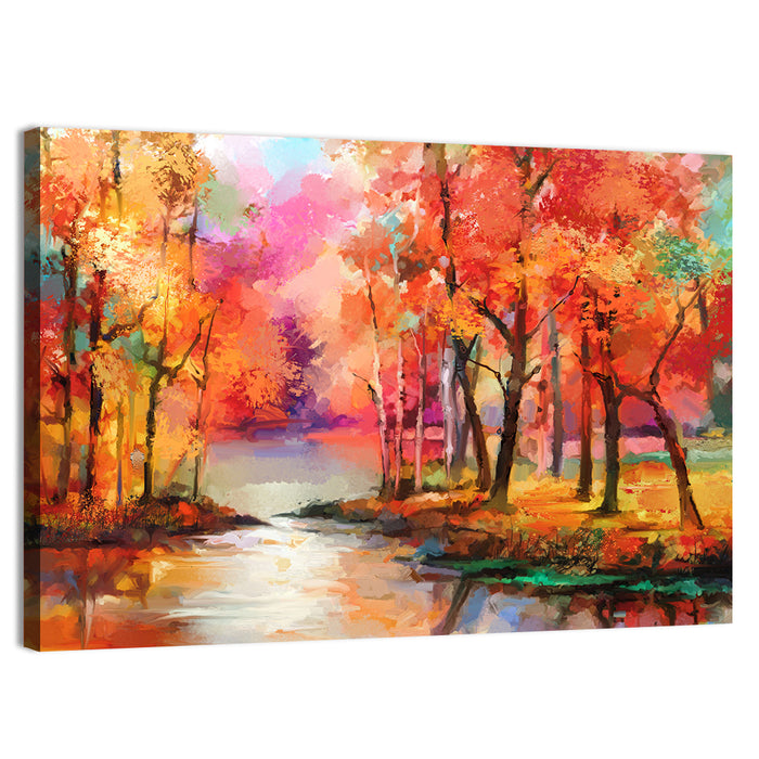 Autumn Lake Reflection Illustration Wall Art as a canvas print