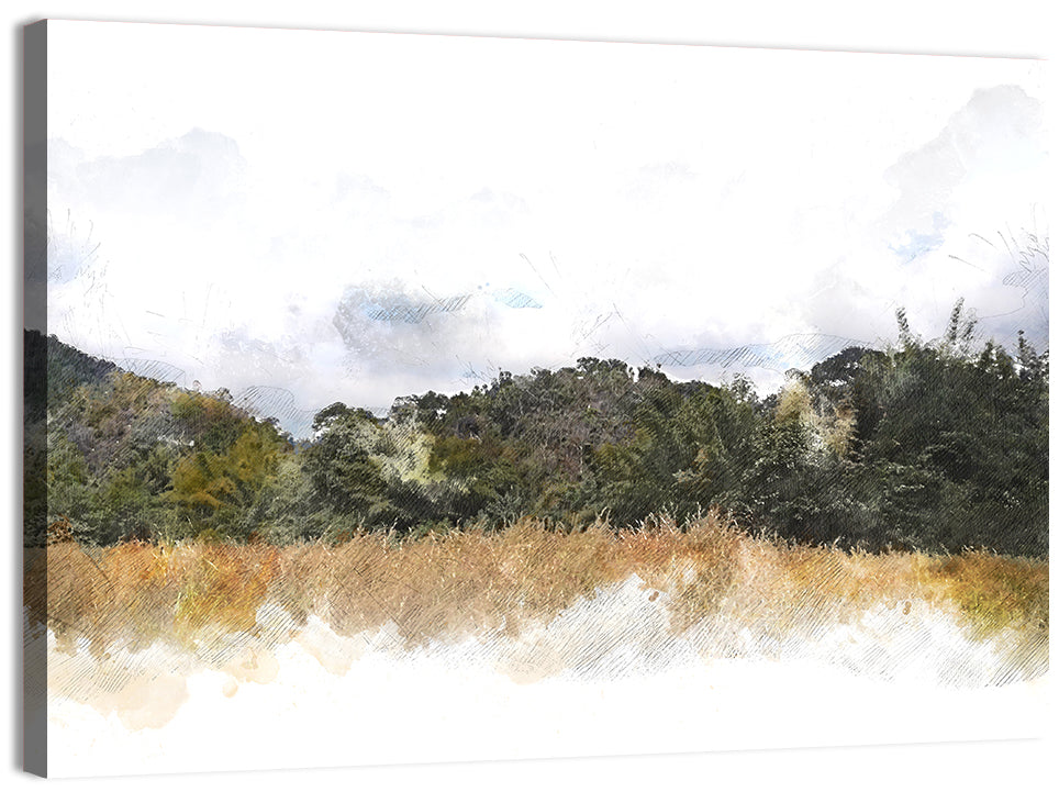Golden Field Watercolor Illustration Wall Art, canvas print, landscape