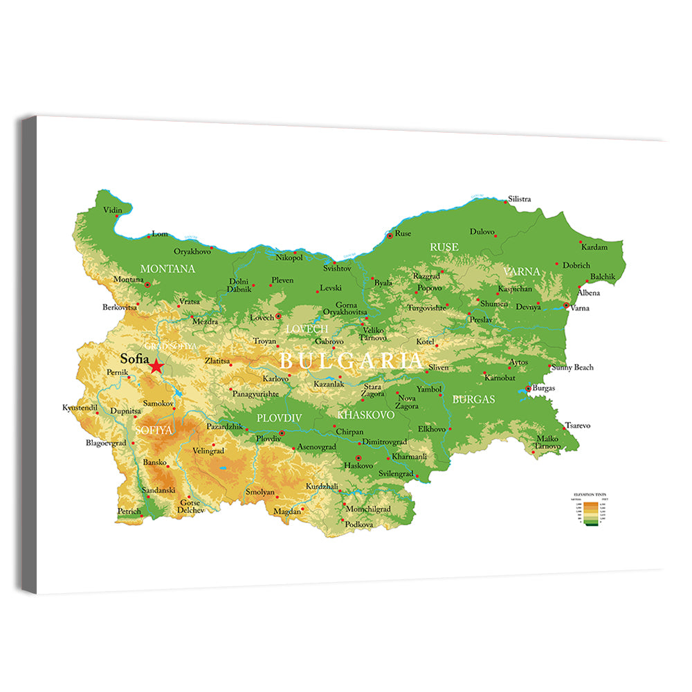 Bulgaria Topographic Map Wall Art, canvas print, landscape