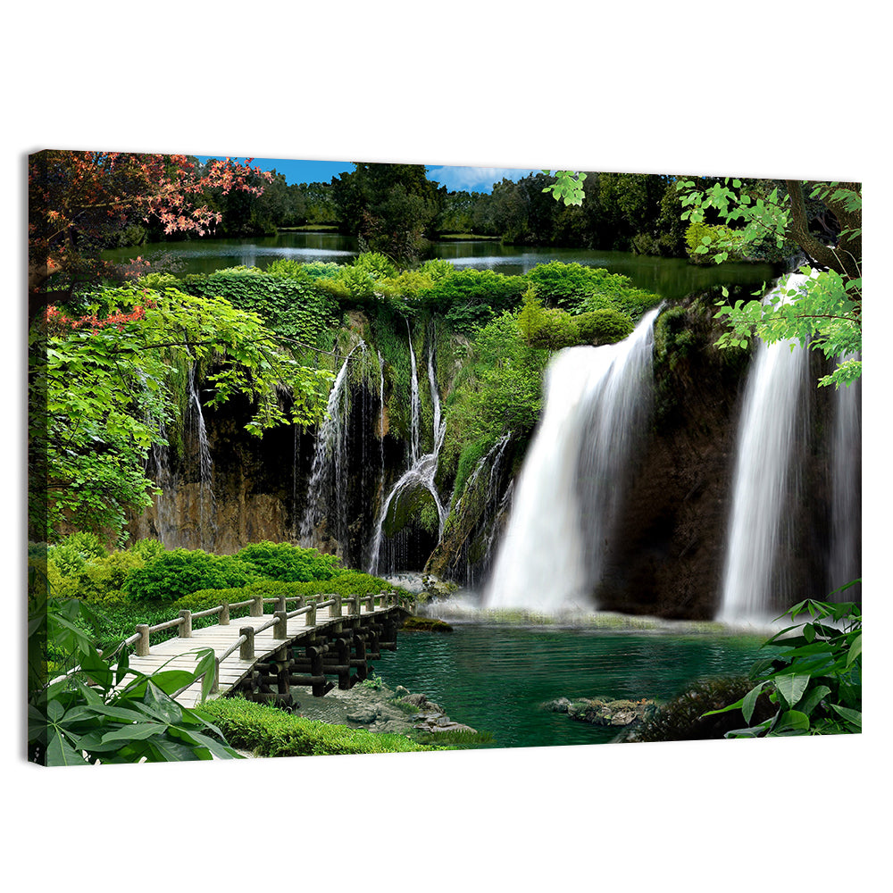 Wooden Bridge and Forest Waterfall Wall Art
