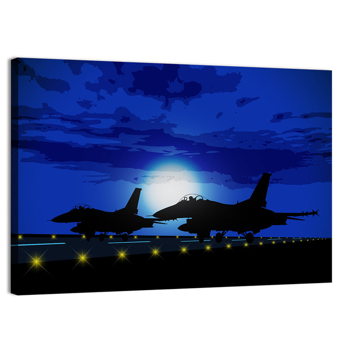 Moonlit Fighter Jets on Runway Wall Art as a canvas print