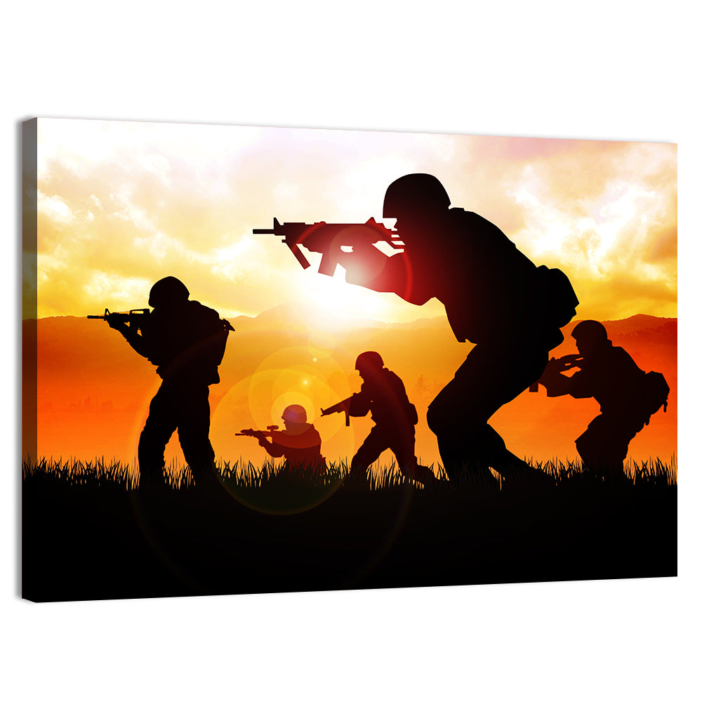 Soldiers Silhouette at Sunrise Wall Art, canvas print, landscape