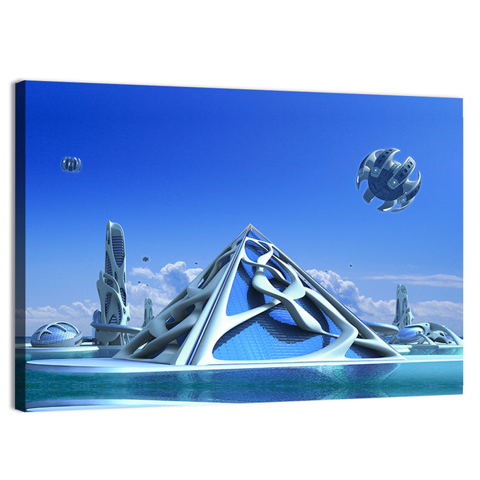 Futuristic Glass Pyramid City Wall Art as a canvas print