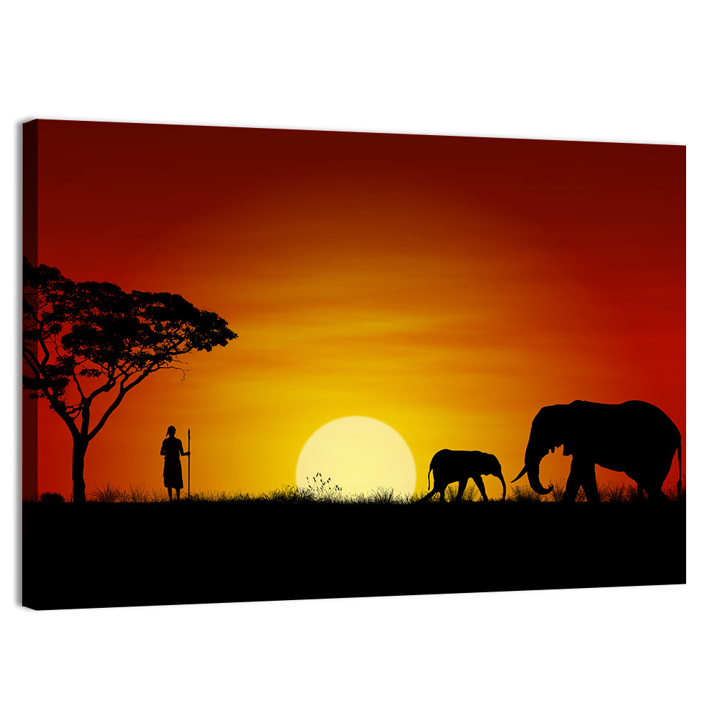 Massai Warrior and Elephants at Sunset Wall Art