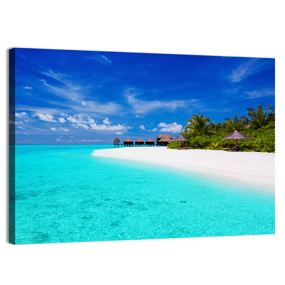 Turquoise Island with Water Bungalows Wall Art, canvas print, landscape