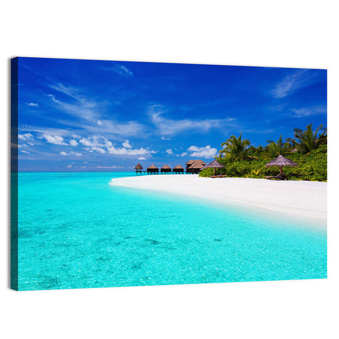 Turquoise Island with Water Bungalows Wall Art as a canvas print