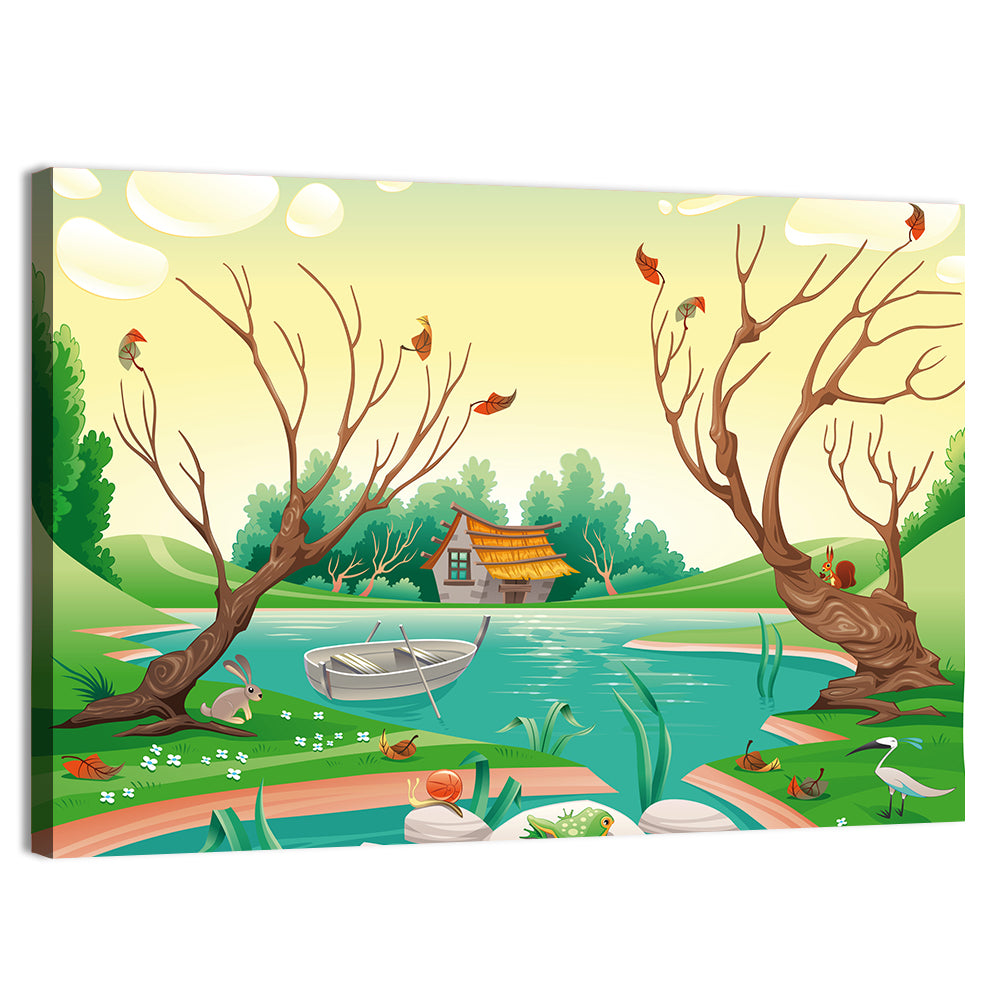 Thatched Village by the Lake Wall Art