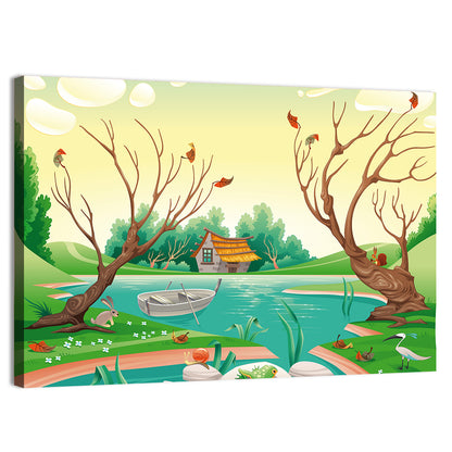 Thatched Village by the Lake Wall Art