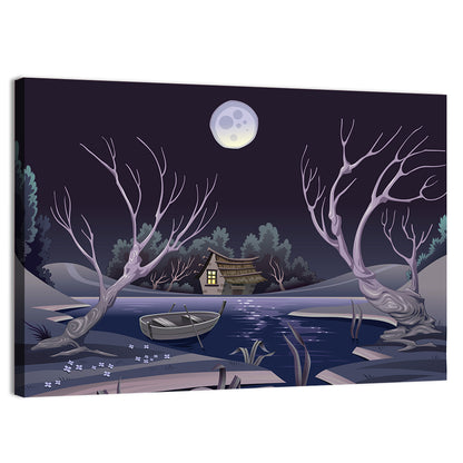 Cottage by Moonlit Pond Wall Art