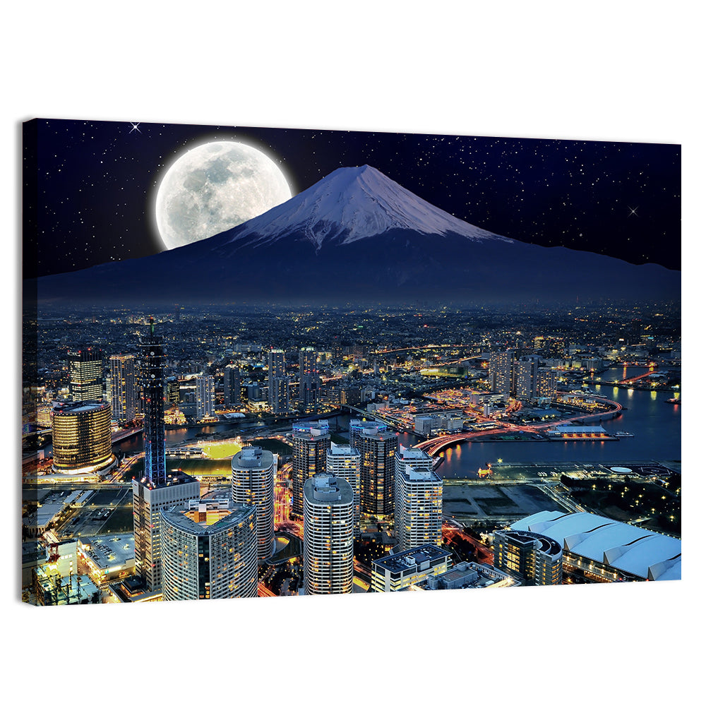 Yokohama Night Skyline with Mount Fuji Wall Art, canvas print, landscape