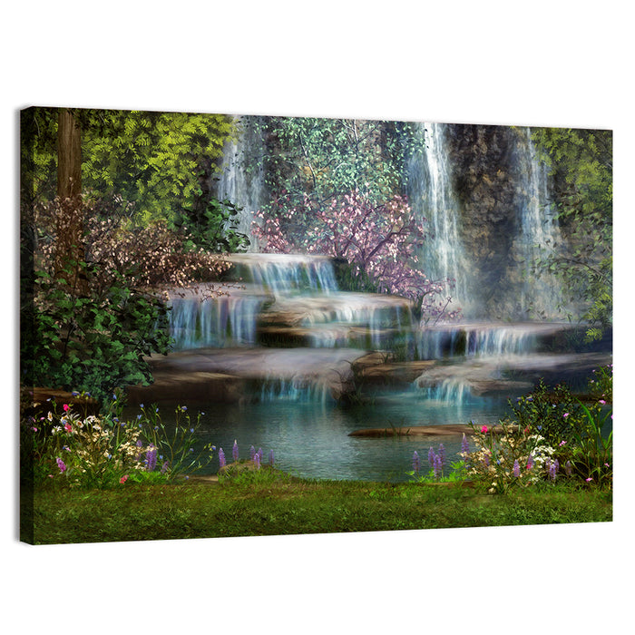 Multi-tier Jungle Waterfall with Pink Blossoms Wall Art as a canvas print