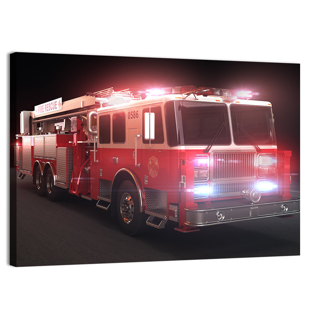 Fire Rescue Truck at Night Wall Art, canvas print, landscape