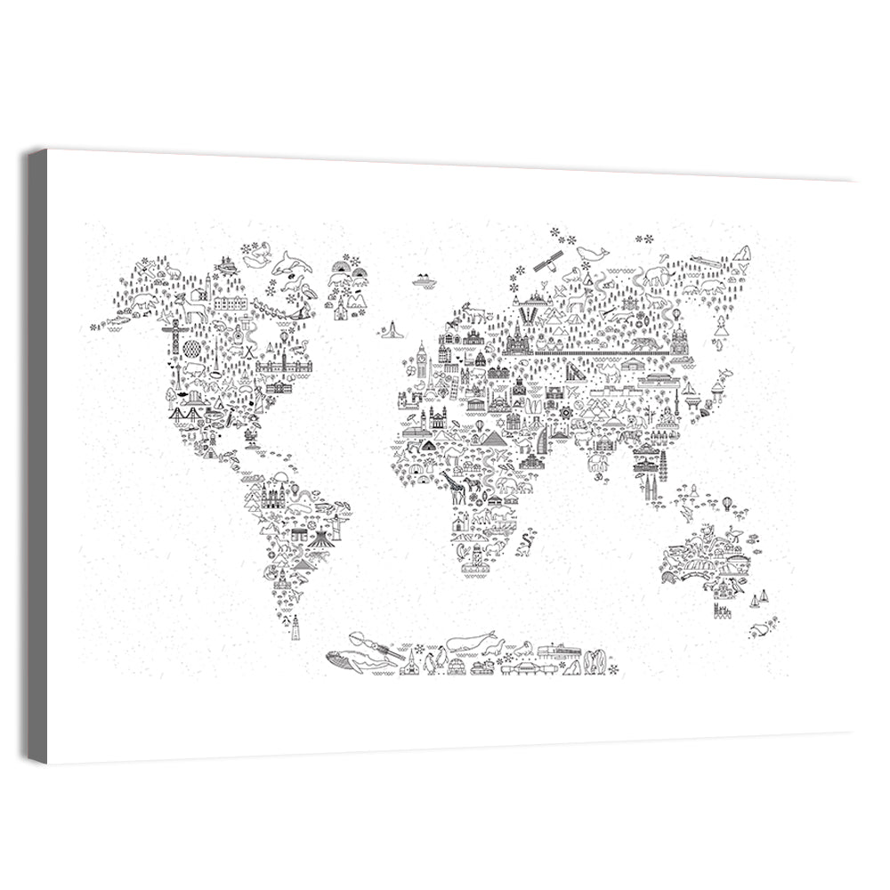 World Travel Line Icons Map Wall Art