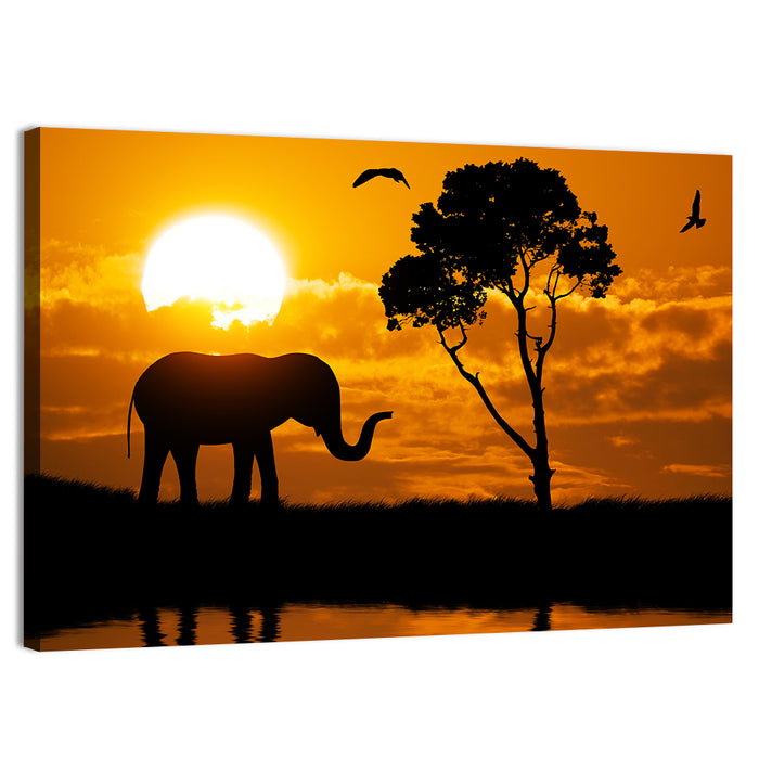 Sunset Elephant Silhouette Wall Art as a canvas print