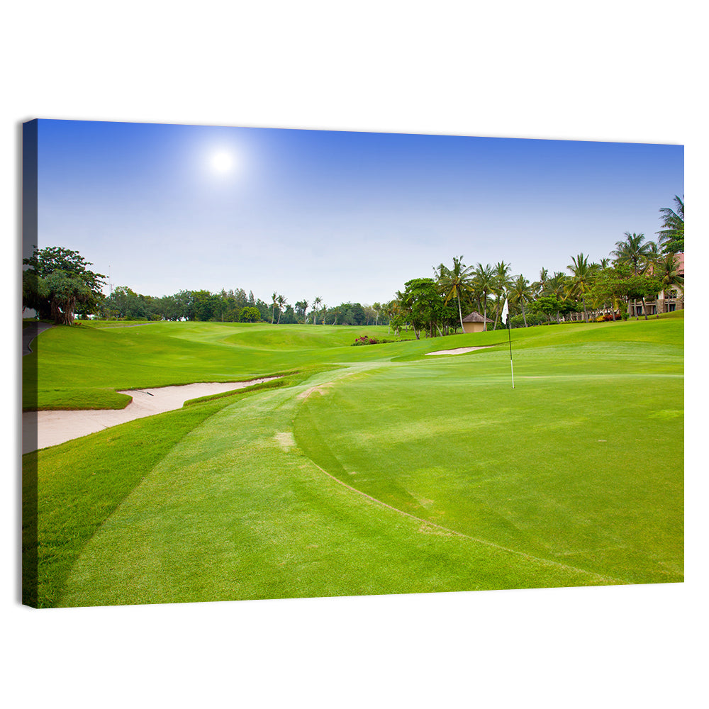 Sunny Putting Green with Palm Trees Wall Art, canvas print, landscape