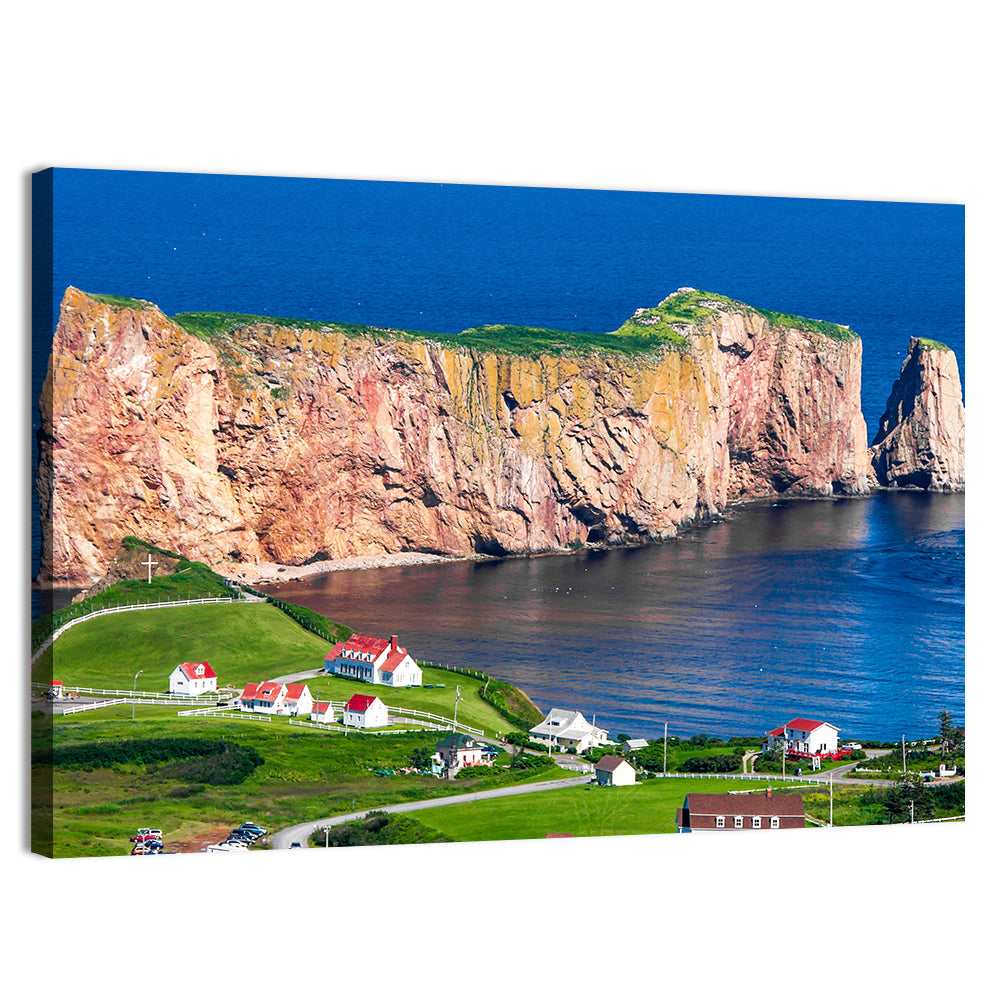 Percé Rock and Coastal Village, Quebec Wall Art, canvas print, landscape
