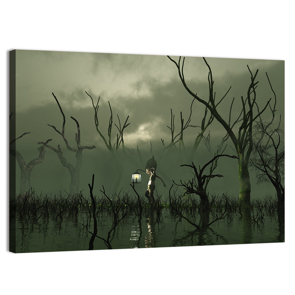 Will O the Wisp in Misty Swamp Wall Art, canvas print, landscape