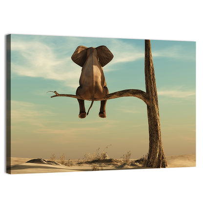 Solitary Elephant on a Tree Branch Wall Art