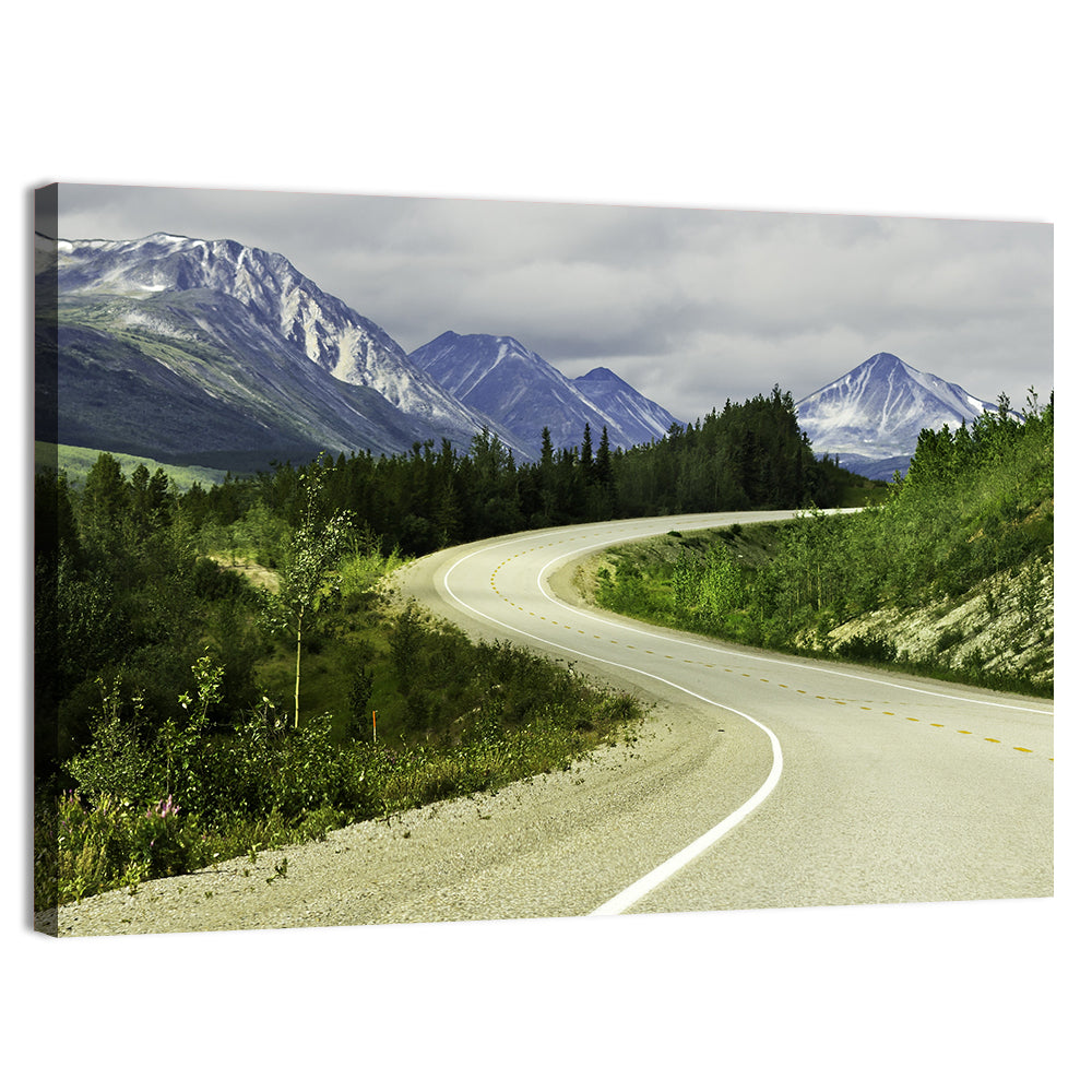 Winding Road to Snow Capped Alaskan Peaks Wall Art, canvas print, landscape