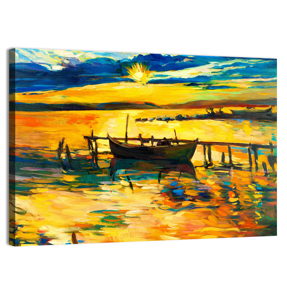 Sunset Boat at Jetty Oil Painting Wall Art