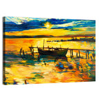 Sunset Boat at Jetty Oil Painting Wall Art
