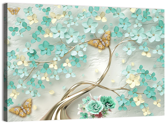 Teal and Gold Floral Abstraction Wall Art as a canvas print