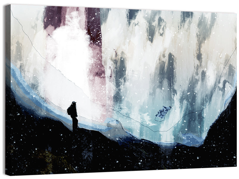 Silhouette on Cliff Over Waterfall Wall Art