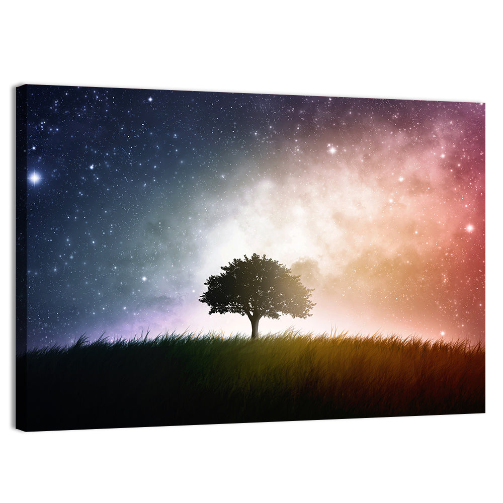 Tree Silhouette Under Nebula Sky Wall Art