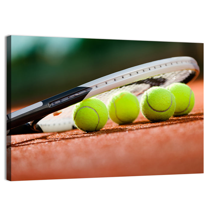 Tennis Balls Along Racket Frame Wall Art as a canvas print