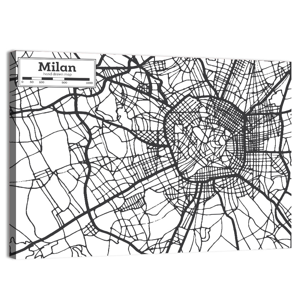 Milan City Map Monochrome Wall Art