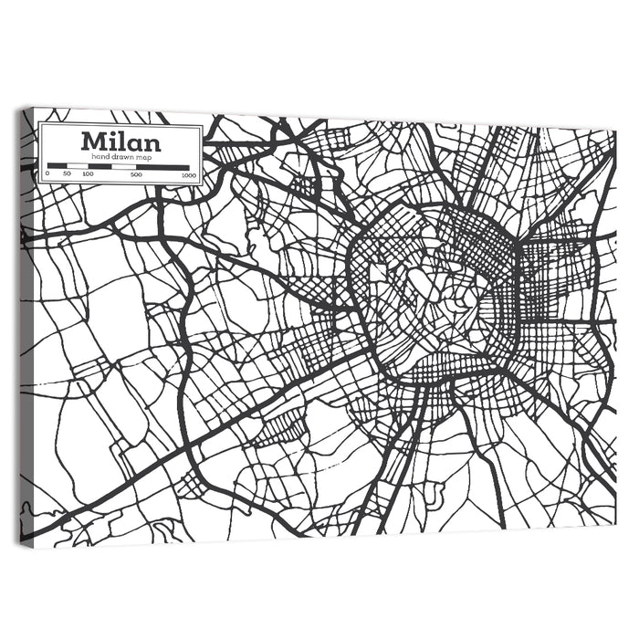 Milan City Map Monochrome Wall Art as a canvas print